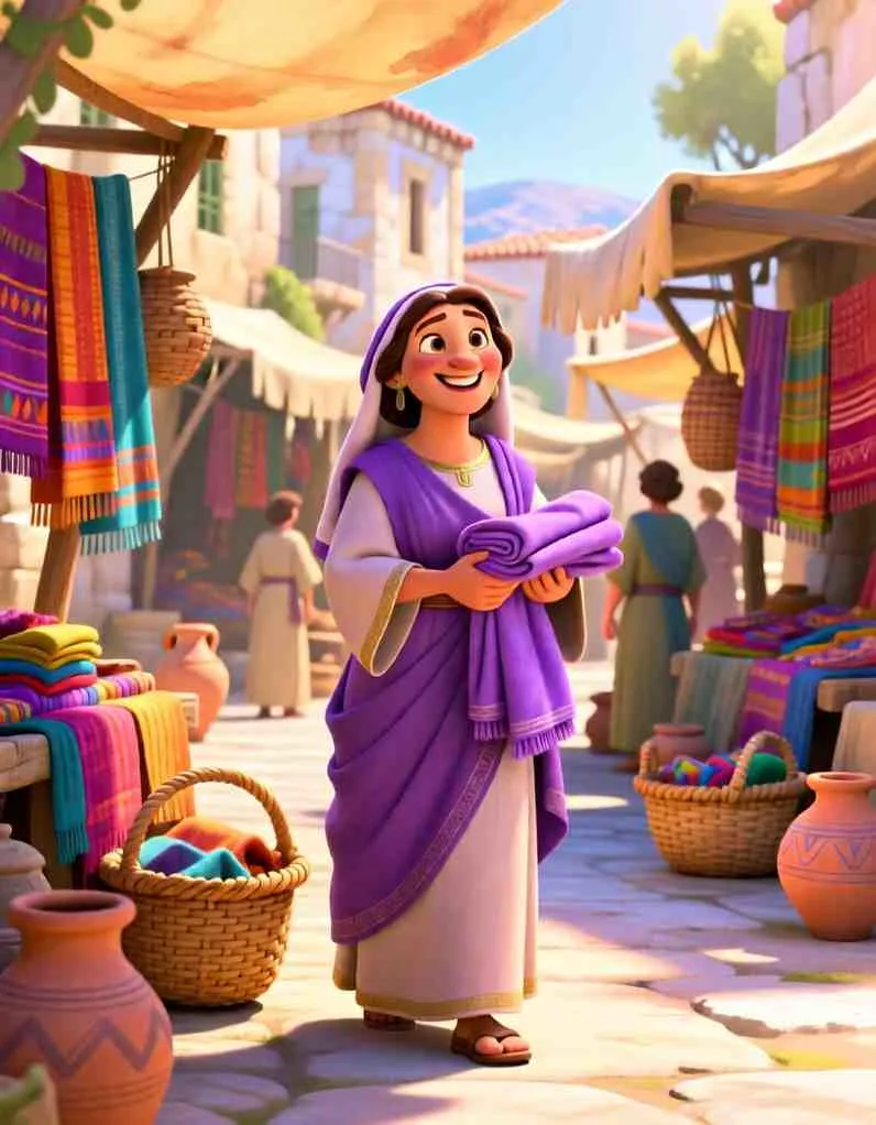 2D watercolor children's book style illustration of a smiling Lydia holding folded purple fabric outside her shop in a busy biblical marketplace.