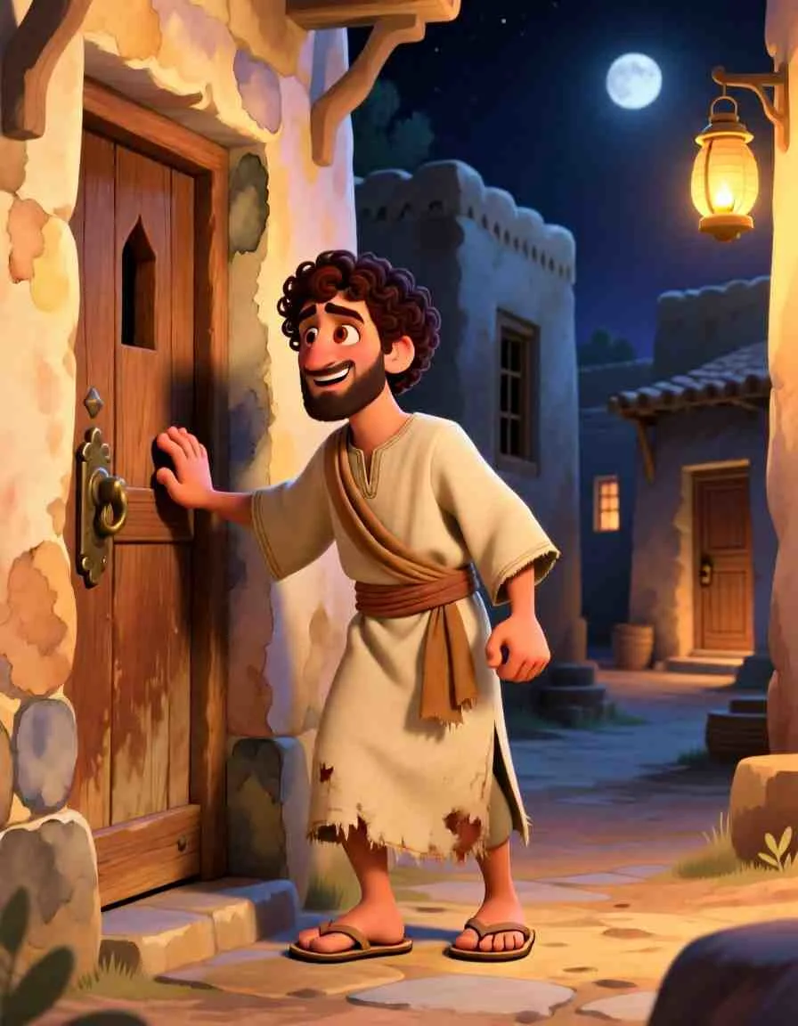 Cinematic 2D storybook scene under a starry night sky showing Eli persistently knocking on his friend's wooden village door.