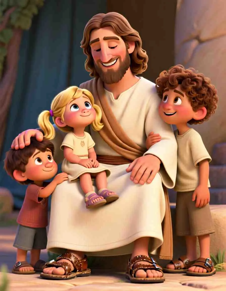 Beautiful 3D animated scene of happy children sitting on Jesus's lap and leaning beside Him as He lovingly blesses them.