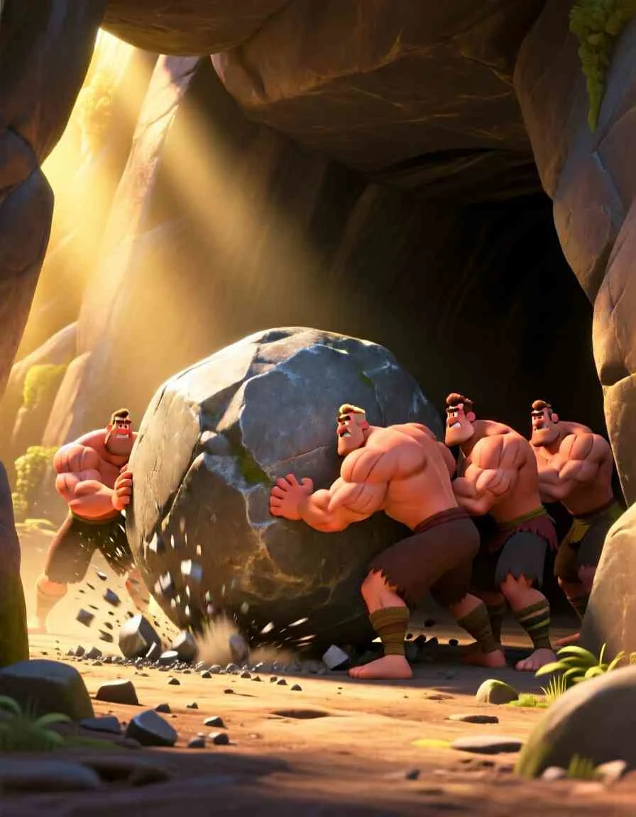 3D Pixar style illustration of a group of strong men rolling back a massive stone from the dark entrance of a cave tomb as warm light pours in.