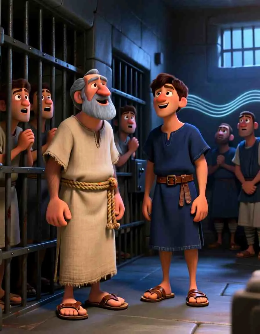 2D watercolor style children's book illustration of Paul and Silas chained in a dark cell, looking up happily while singing songs of praise.