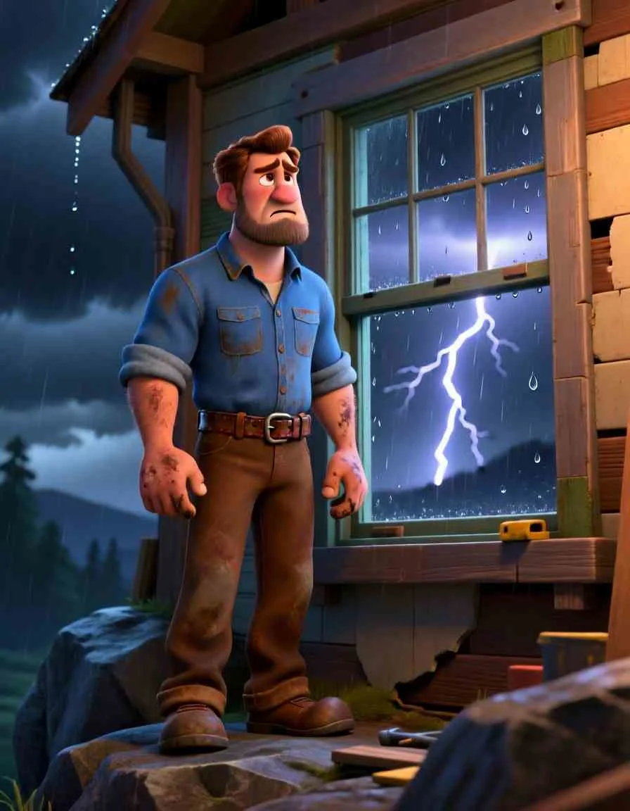 Dramatic 3D animation scene of a fierce storm with high waves crashing against a firm stone house under a dark cloud.