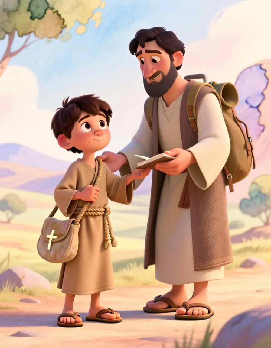 2D storybook style digital art of a brave young Timothy carrying a travel pouch, ready to join his kind mentor Paul on a journey.