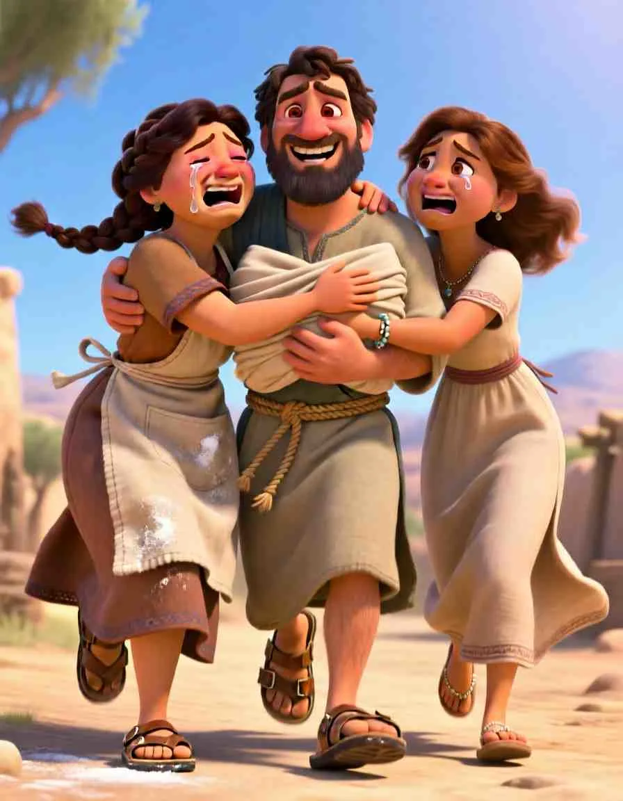 3D cartoon style scene of a joyful Mary and Martha crying tears of happiness as they tightly embrace their fully alive brother, Lazarus.