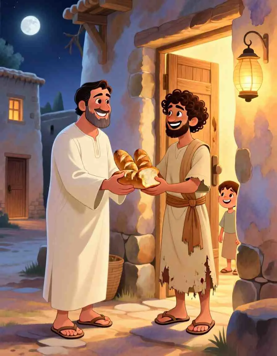 Warm 2D cartoon style illustration of a smiling neighbor standing at his brightly lit doorway, handing fresh loaves of bread to a joyful Eli.