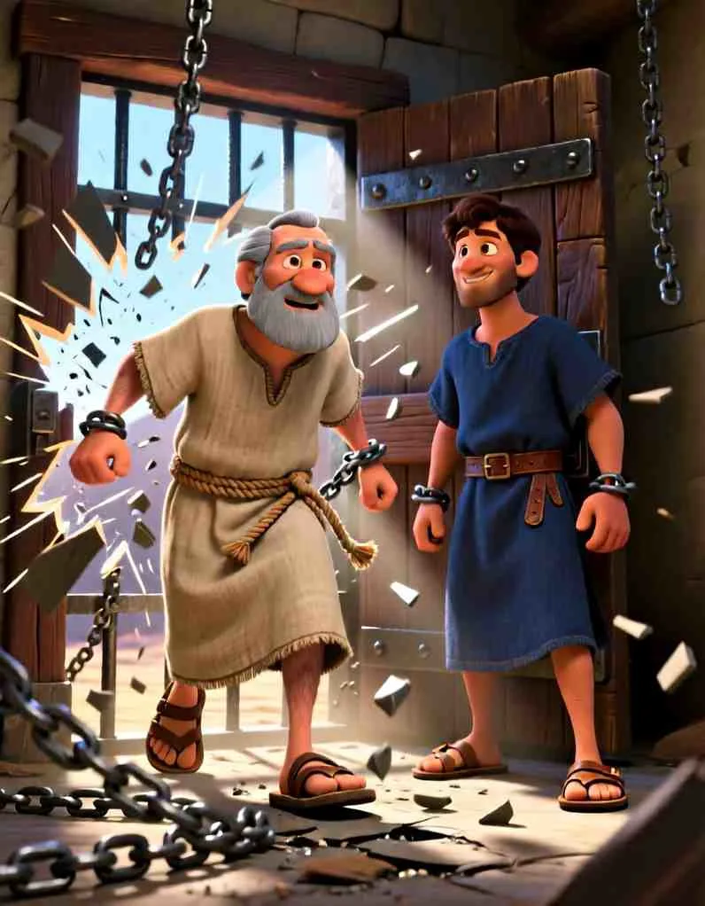 Dramatic 2D storybook illustration of a powerful earthquake cracking the stone ceiling and walls of an ancient prison.