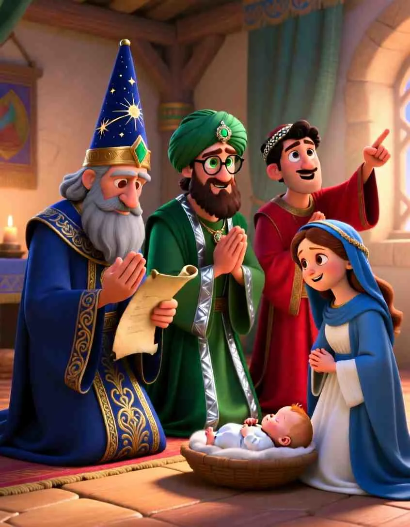 3D cartoon style scene of the Wise Men kneeling in deep reverence inside a home, presenting royal treasures to Mary and Baby Jesus.