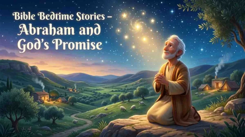 Majestic 3D sleep animation banner of Abraham standing outside his tent, looking up in complete awe at a dark night sky filled with a thousand stars.