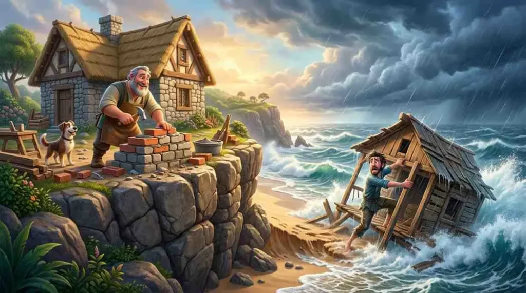 Cinematic 3D animation banner showing the wise builder's stone house on a firm rock cliff and the foolish builder's house collapsing on sand during a storm.