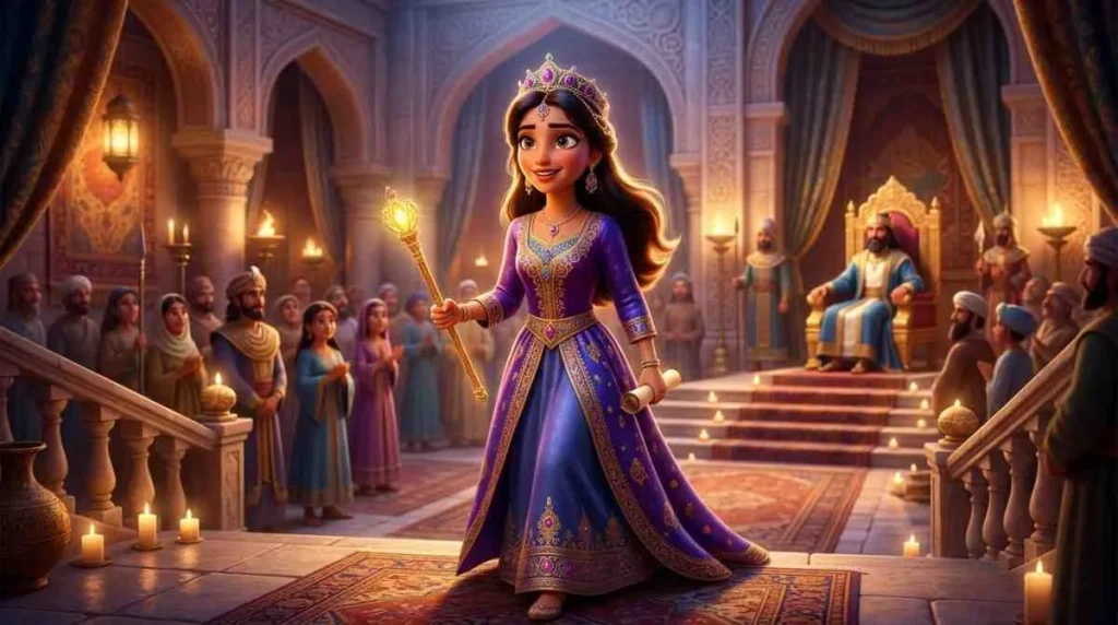 Beautiful 3D illustration banner of Queen Esther walking courageously through the grand golden doors of the Persian royal palace.
