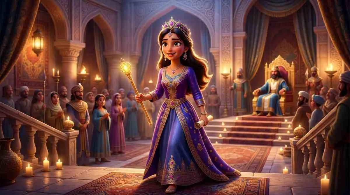 Beautiful 3D illustration banner of Queen Esther walking courageously through the grand golden doors of the Persian royal palace.