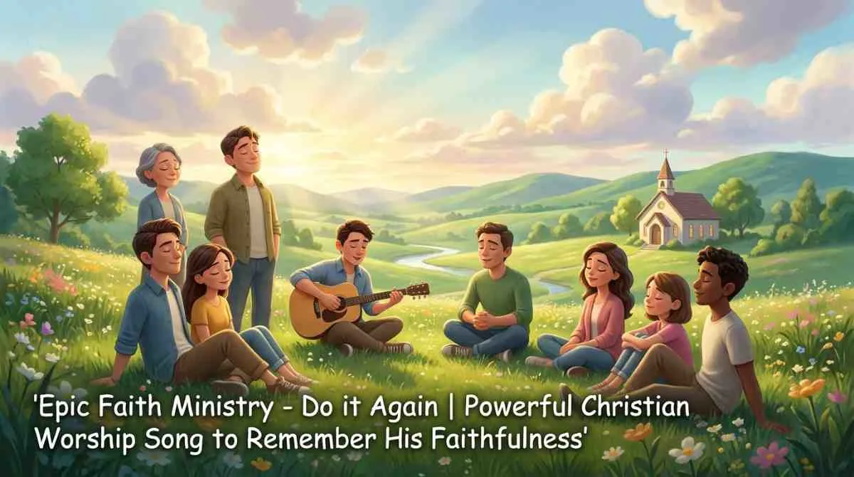 Parents singing faith-filled worship songs with their children around a piano in a softly lit living room, remembering historical promises.