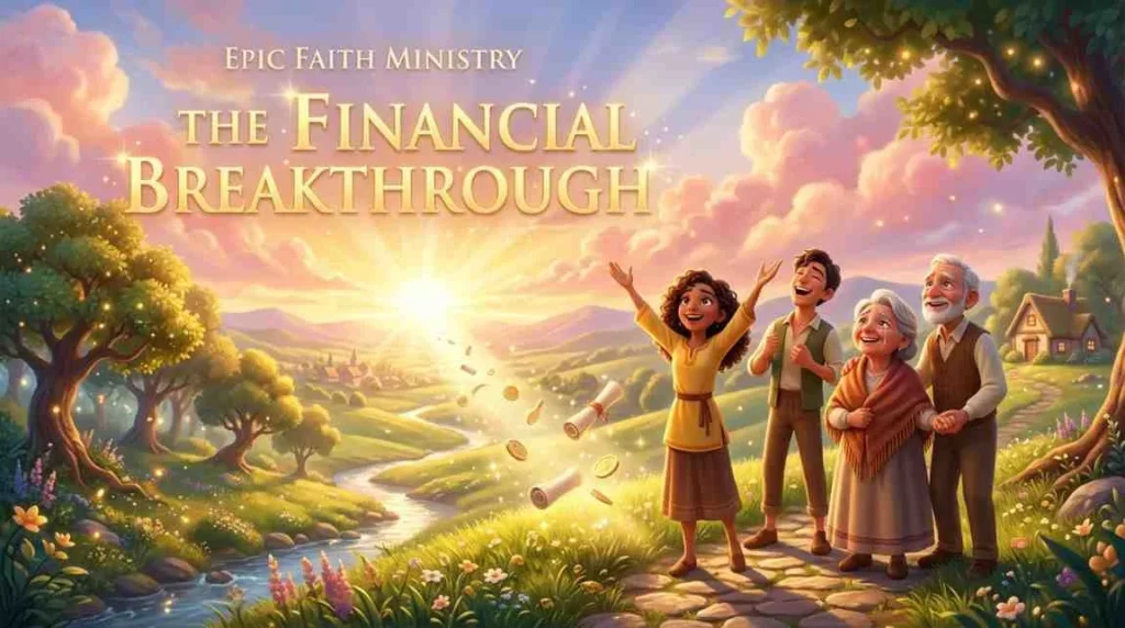 A family gathering together in prayer under a warm golden light, symbolizing financial breakthrough, hope, and divine provision.