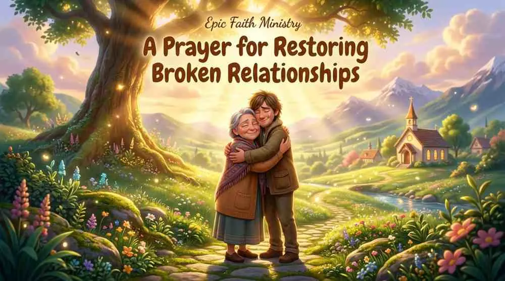 An illustrative concept of a family reconciling, embracing, and praying together in a vibrant, peaceful outdoor garden setting.
