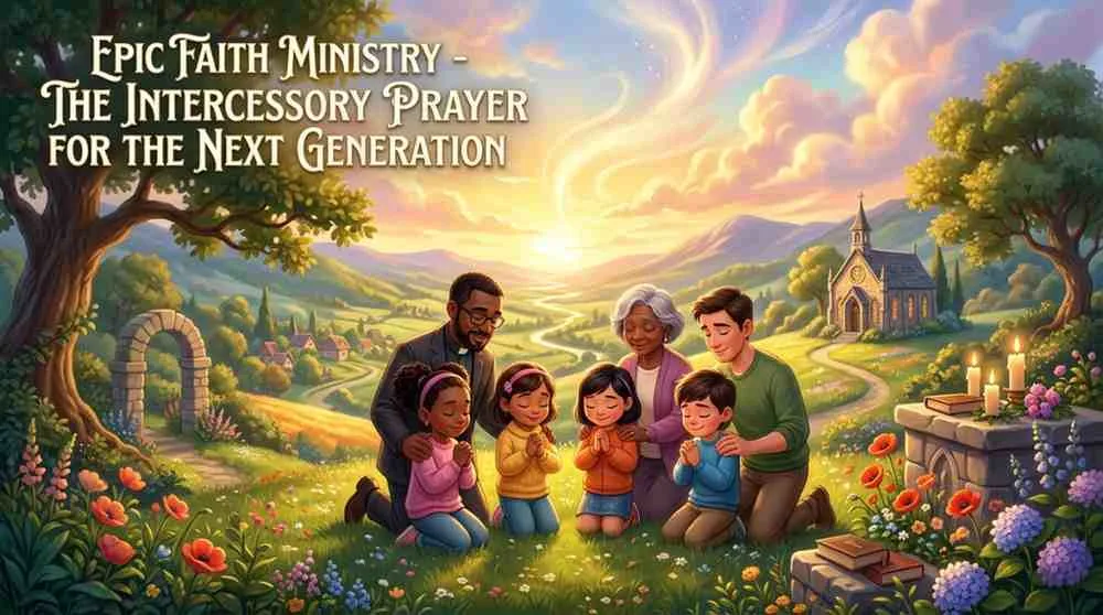 A community gathering around a group of children, laying hands on them and praying in front of a warm country church at sunset.