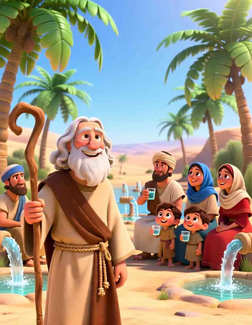 3D cartoon style scene of Moses and happy families drinking fresh water near palm trees at the springs of Elim.