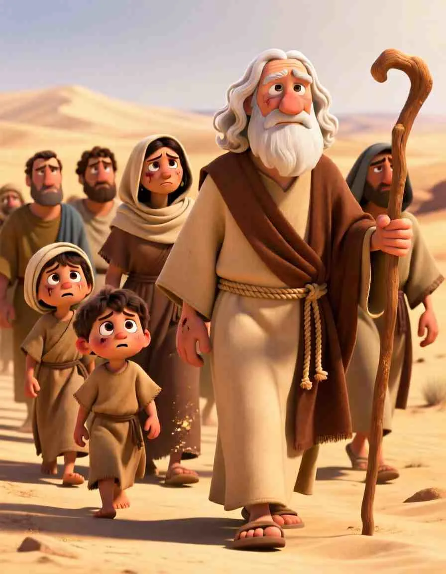 3D Pixar style illustration of Moses leading worried and thirsty Israelite families through hot desert sand dunes.