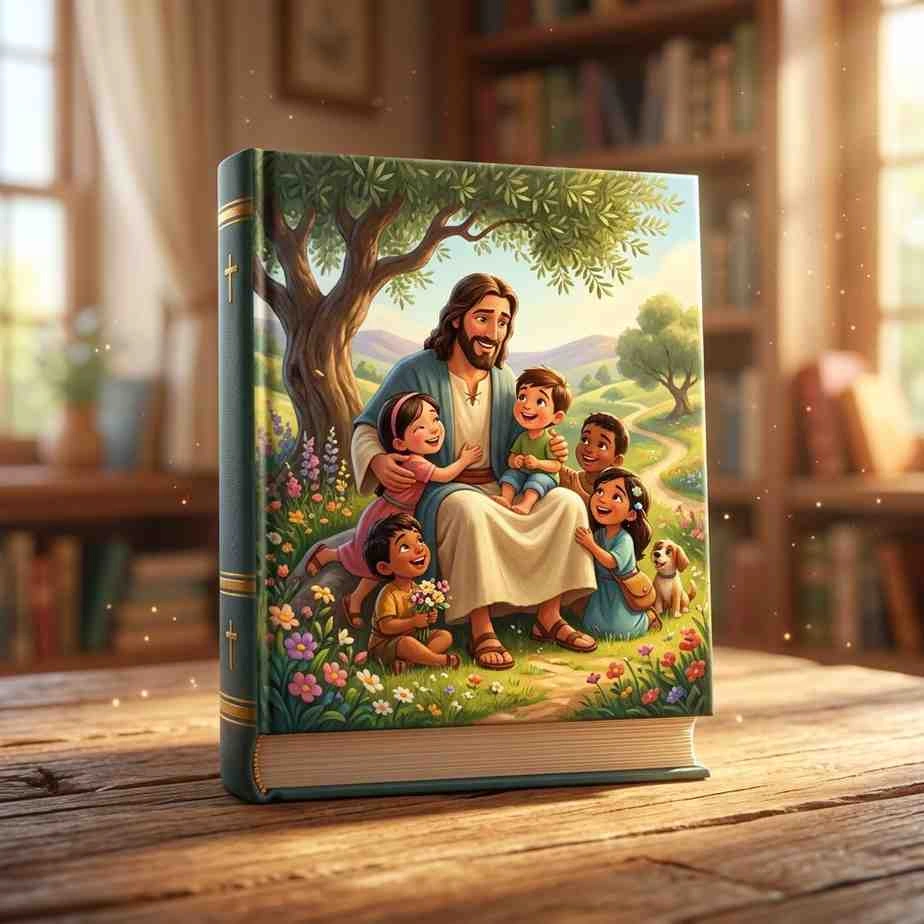 3D Pixar style animated Bible story cover showing Jesus welcoming and blessing small children in a warm, sunny landscape.