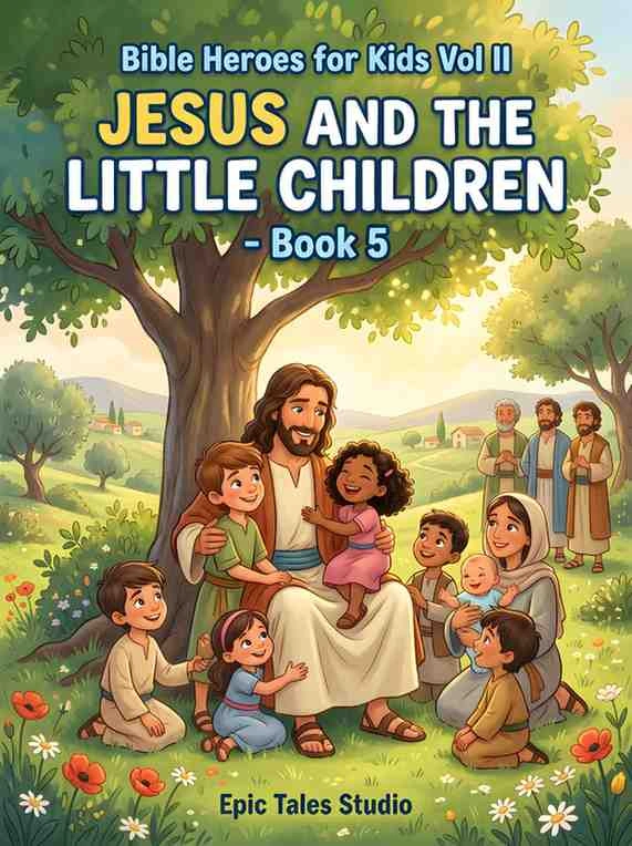 3D Pixar style animated Bible story cover showing Jesus welcoming and blessing small children in a warm, sunny landscape.