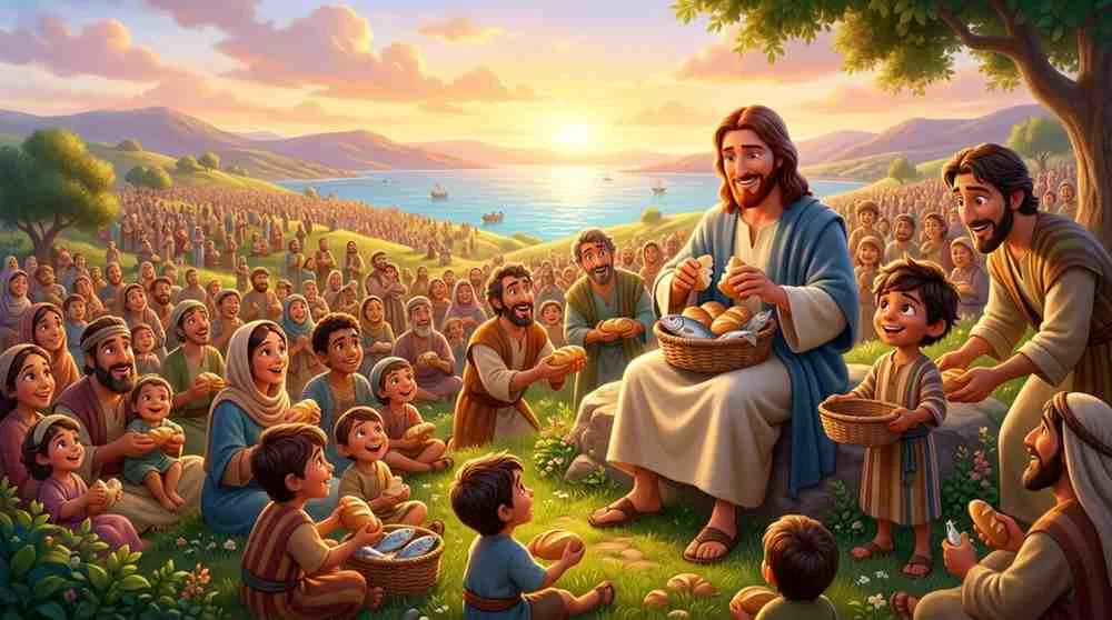 Vibrant 3D cartoon banner showing Jesus teaching a massive, joyful crowd of families gathered on a wide green grassy hillside near the sea.