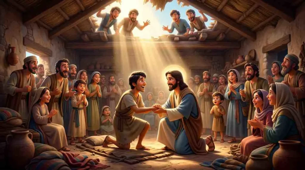 Heartwarming 3D scene banner of Jesus reaching down to heal a smiling man inside a crowded room while onlookers watch in absolute wonder.