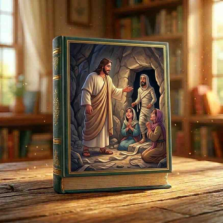 Cinematic 3D animated illustration of Jesus calling Lazarus out of a stone cave tomb, miracle stories for kids.