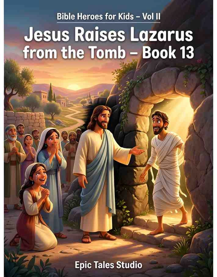 Cinematic 3D animated illustration of Jesus calling Lazarus out of a stone cave tomb, miracle stories for kids.