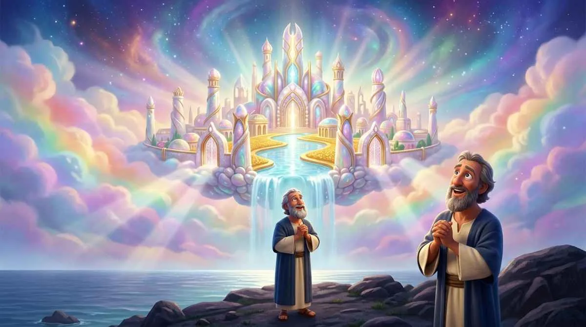 Spectacular 3D animation banner showing the Apostle John looking up from a rocky island at a magnificent golden heavenly city descending from colorful clouds.