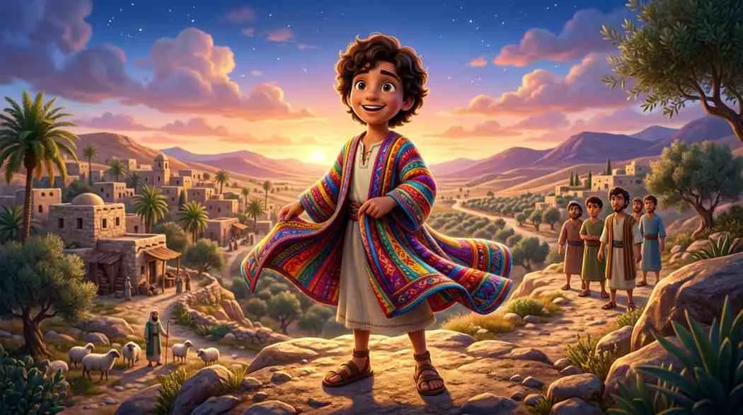 Bright 3D storybook banner of young Joseph standing proudly in his vibrant, multi-colored coat with a bright sunburst and hills behind him.