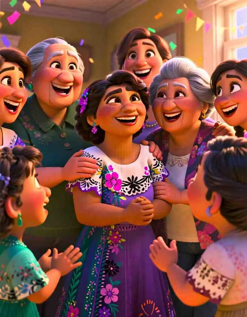 3D cartoon style scene of smiling friends and happy village neighbors gathering together to celebrate and rejoice with the woman.
