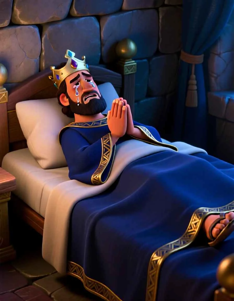 3D Pixar style illustration of a worried King Hezekiah lying sick in his palace bed as concerned servants watch from the background.