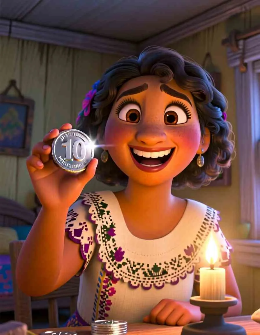Beautiful 3D animated scene of a joyful woman holding up her missing silver coin as it sparkles brightly in the warm candlelight.