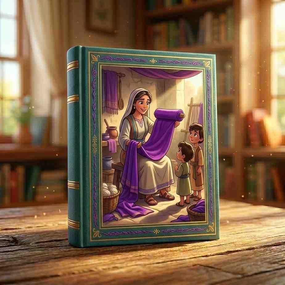 3D animation style book cover featuring Lydia presenting fine purple fabric in an ancient biblical marketplace.