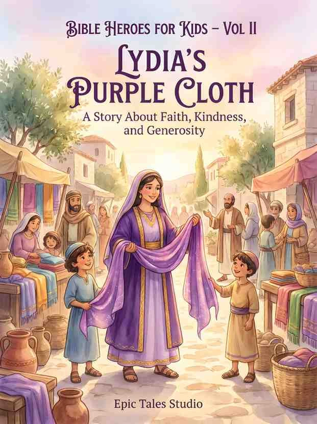 3D animation style book cover featuring Lydia presenting fine purple fabric in an ancient biblical marketplace.