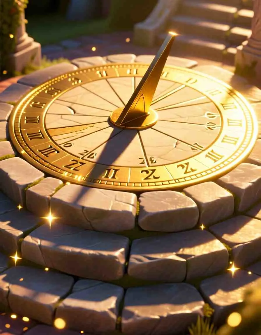 Cinematic 3D animated scene of a grand stone sundial shining under brilliant golden sunlight as its shadow moves backward.