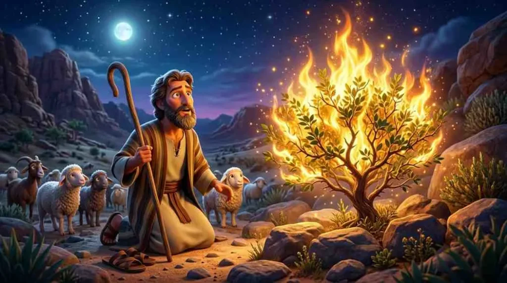 Dramatic 3D illustration banner of Moses standing with his shepherd's staff in front of a miraculous bush glowing with bright flames in the quiet desert.