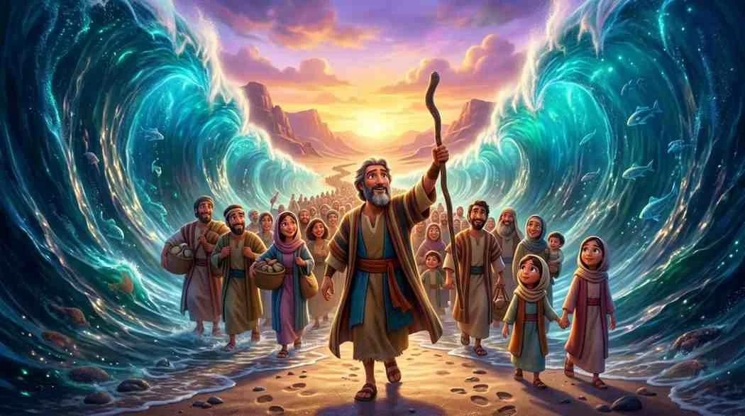 Epic cinematic 3D banner showing Moses raising his staff as the mighty Red Sea parts into two towering, giant walls of glittering blue water.