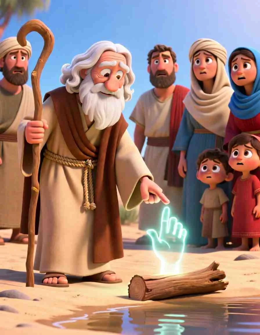 Cinematic 3D animated scene of Moses throwing a piece of wood into the bitter waters of Marah as a community watches.