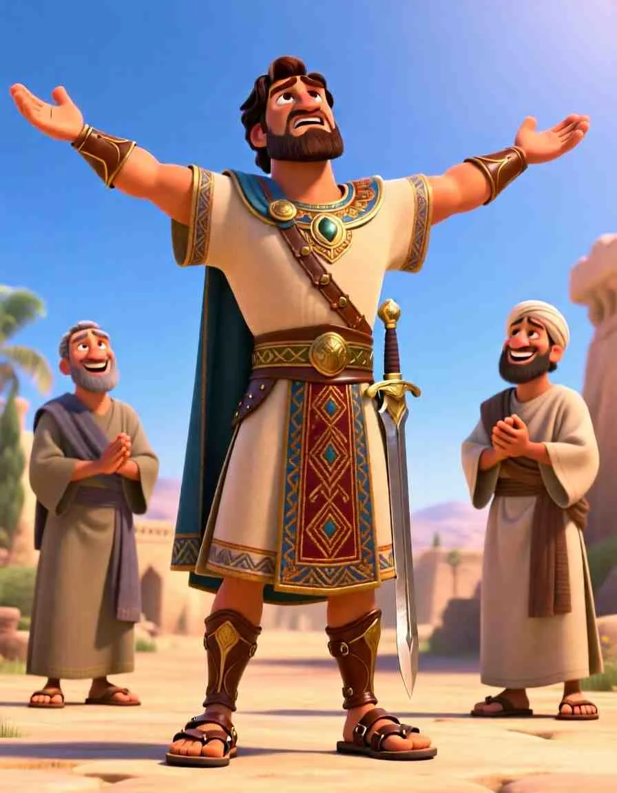 Approachable cartoon style illustration of Naaman looking at his completely healed, clean hands in absolute wonder.