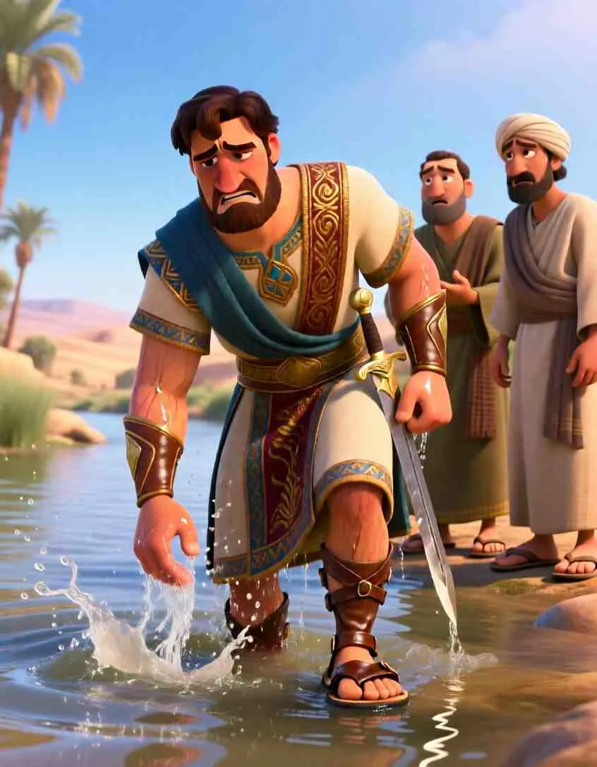 Soft cinematic 2D illustration of the army commander Naaman thoughtfully stepping into the Jordan River.
