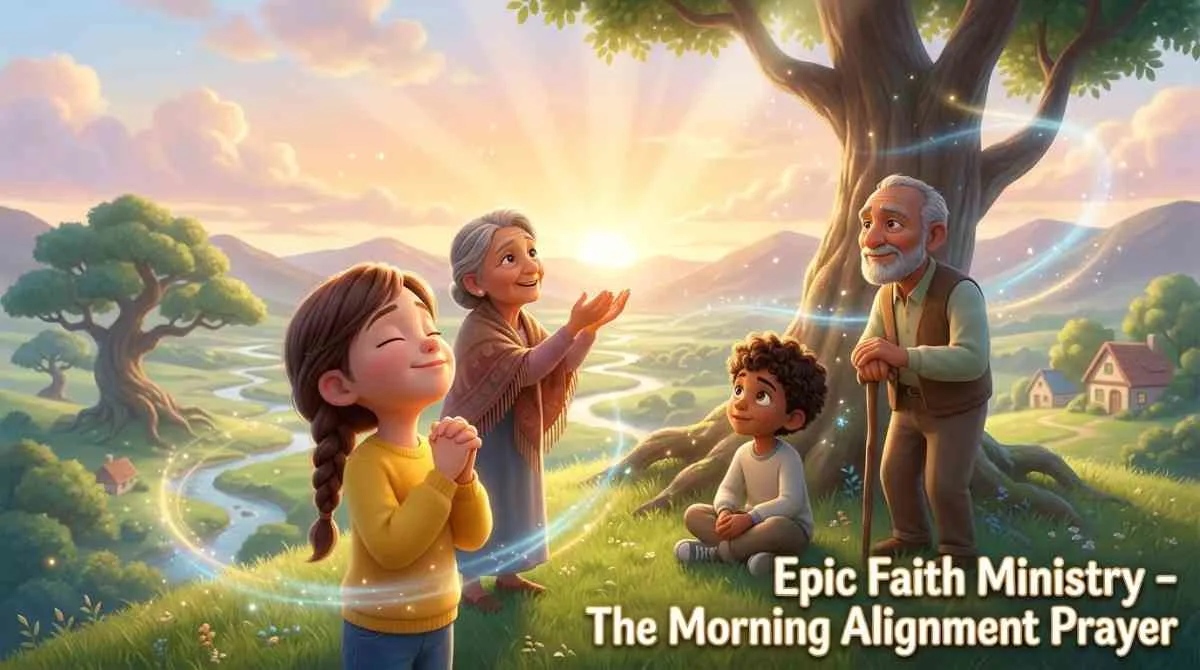 An elderly man and young children gathering outside under a large tree at dawn, lifting their hands in a peaceful morning prayer of alignment.