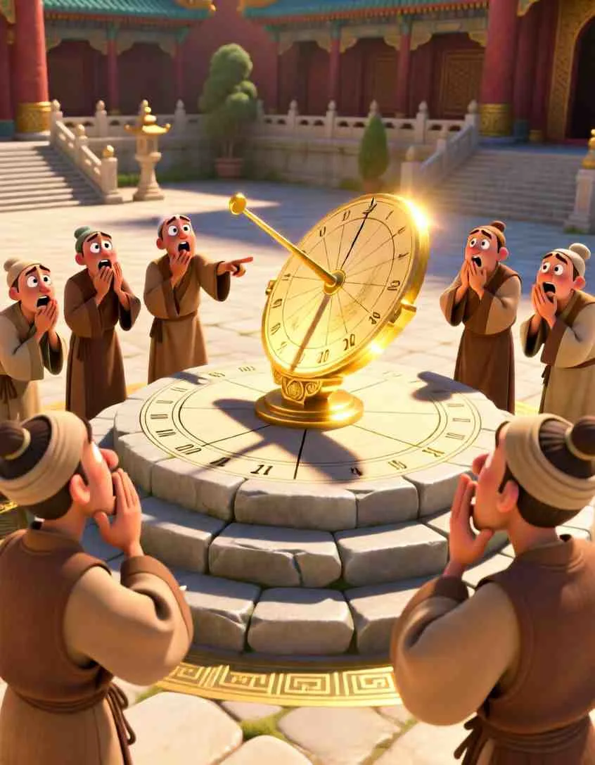 3D cartoon style scene of ancient palace onlookers pointing and looking in complete amazement at a miraculous sundial clock.