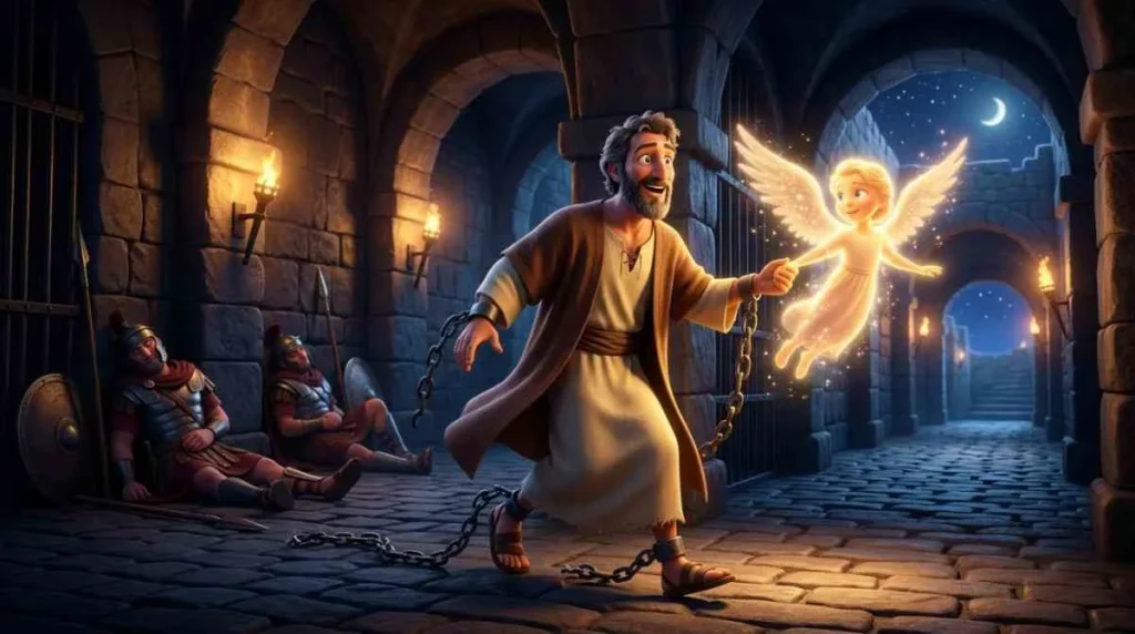 Thrilling 3D animation banner of a bright, glowing angel leading a surprised Peter past sleeping guards and heavy stone prison cells.