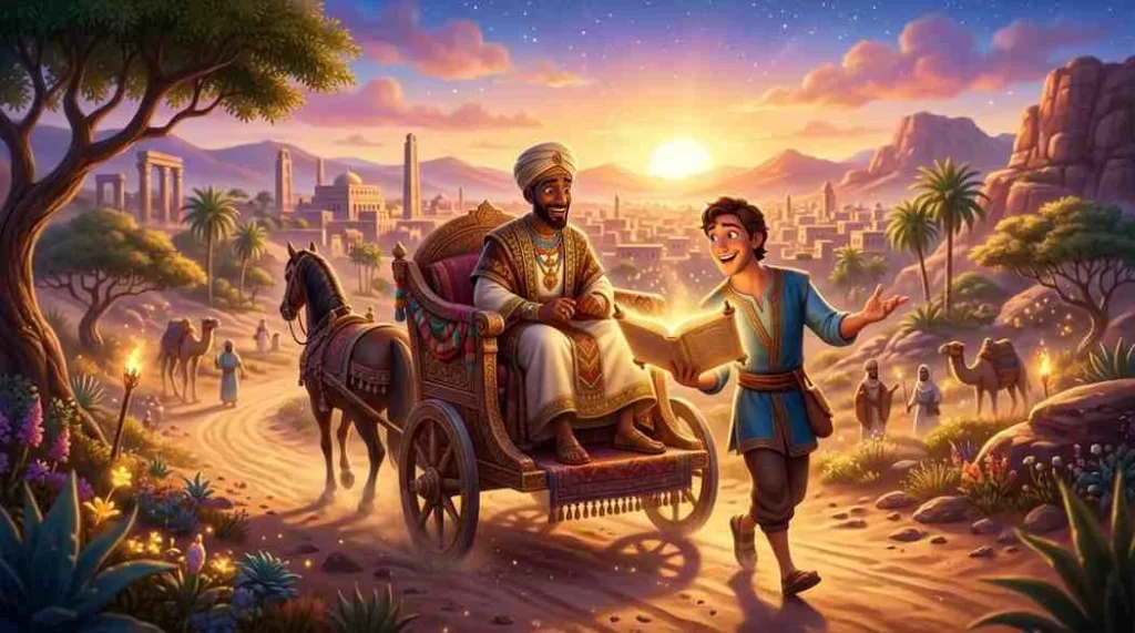 Adventurous 3D scene banner of Philip sitting in a grand golden chariot next to the Ethiopian official, unlocking the meaning of ancient scrolls.