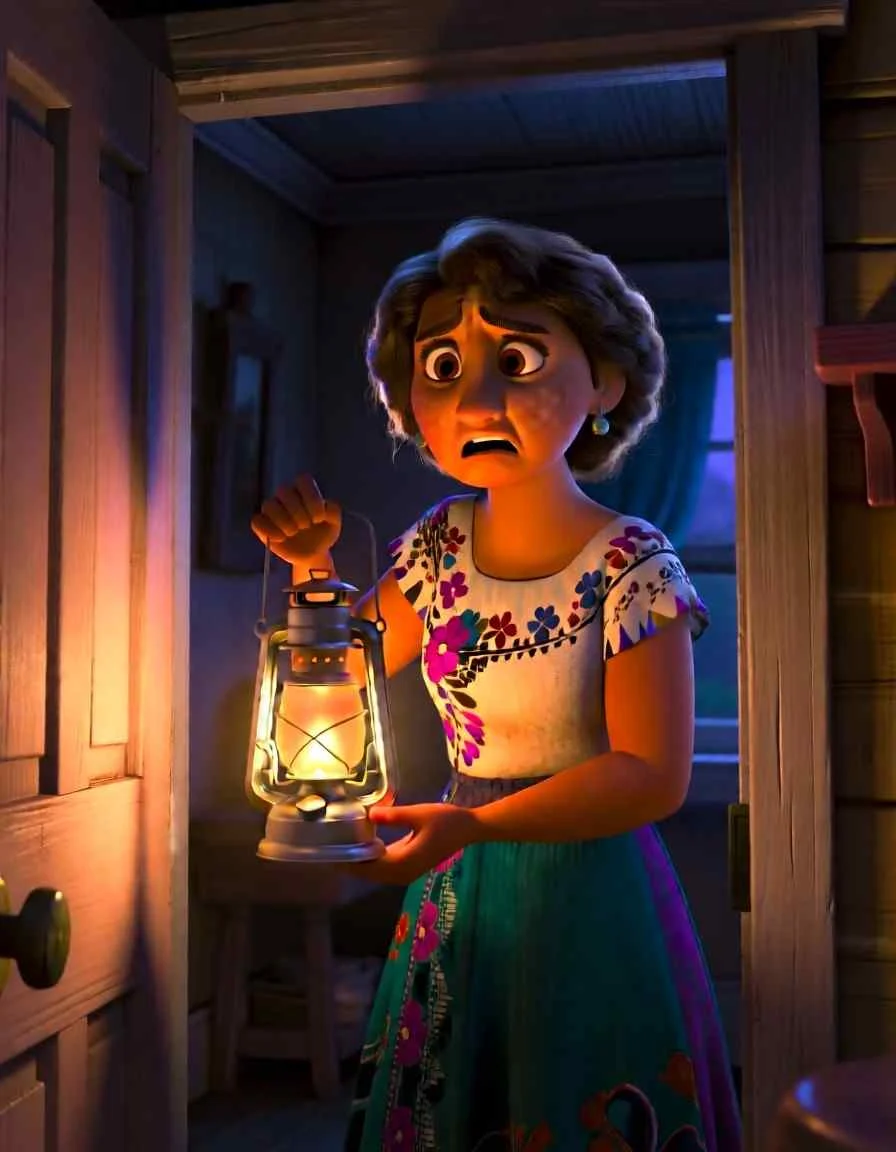 3D Pixar style illustration of a worried woman holding a bright lantern at night, carefully searching for her missing silver coin.