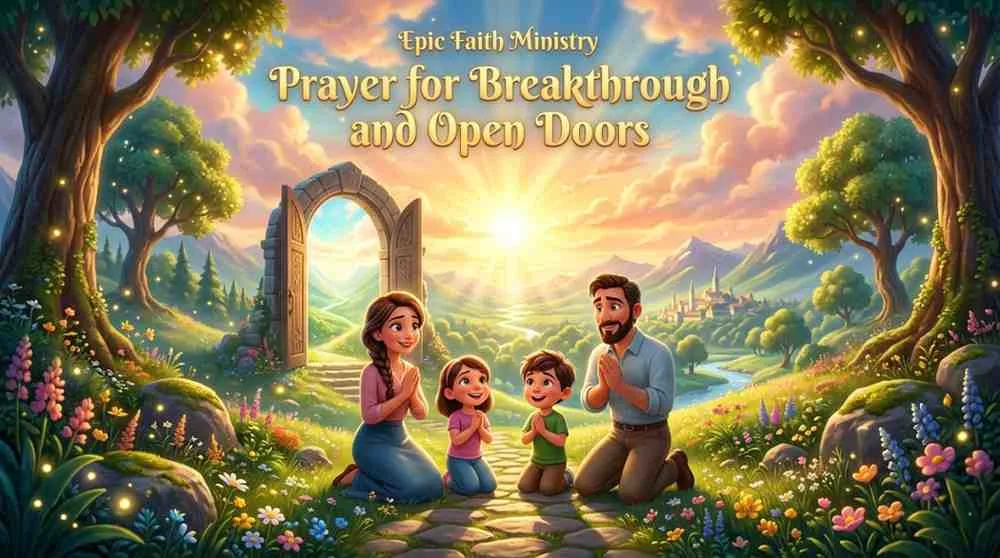 A family standing on a path looking through a massive stone ancient archway that opens into a beautiful, glowing landscape of light.