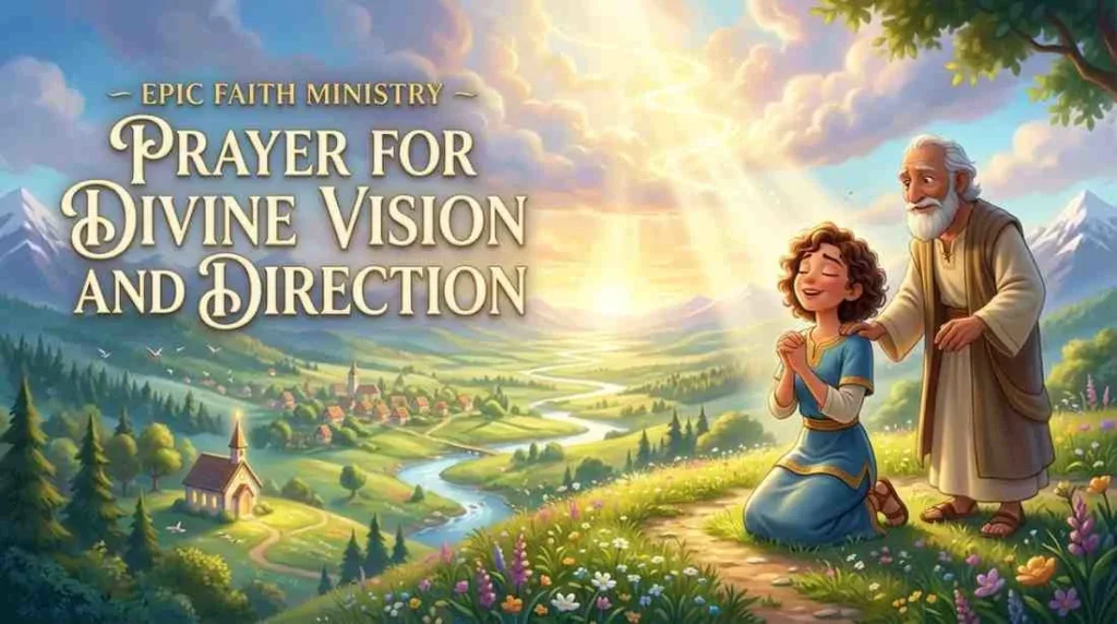 A young woman kneeling on a pathway through a verdant landscape, looking toward a brilliant beam of light descending from heaven for guidance.