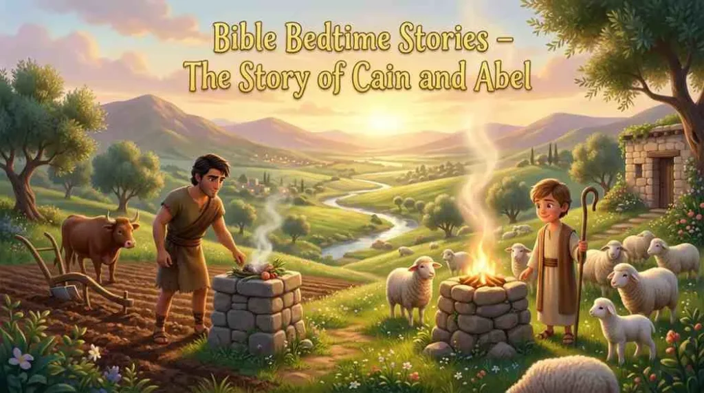 3D fairytale style banner of Cain picking fresh vegetables in a quiet field side-by-side with Abel tending a fluffy white lamb in a green meadow.