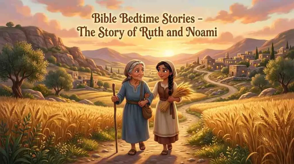 Heartwarming 3D scene banner of Ruth and Naomi walking hand-in-hand along a peaceful country path toward Bethlehem during a golden sunset.