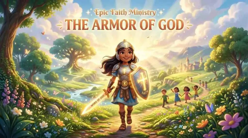 A young heroic child standing courageously in spiritual armor on a grassy hill under a spectacular sunrise, representing spiritual warfare defense.